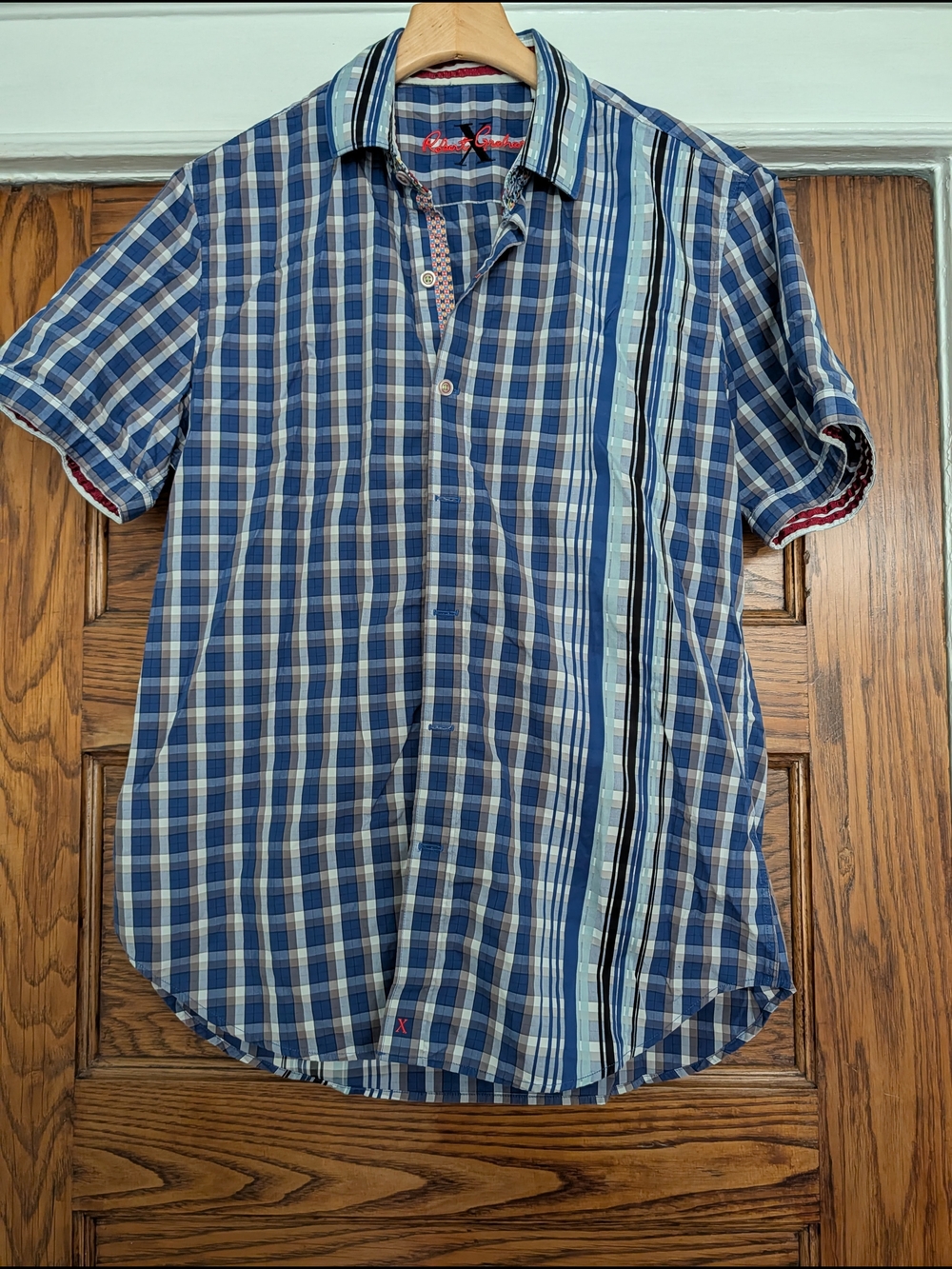 Robert Graham Classic Fit Short Sleeve Plaid Shirt Blue Paisley Trim Size L